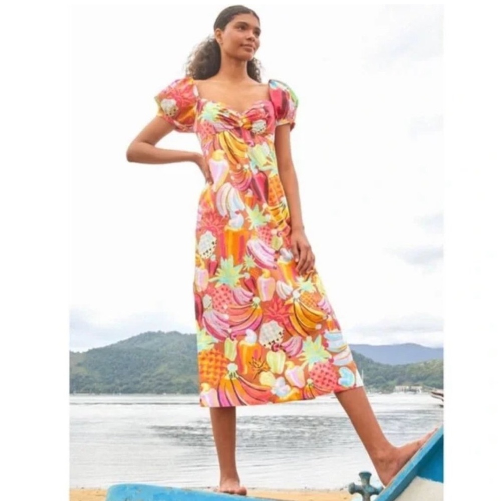 NWT FARM Rio Fruit Salad MIDI Dress Fruit Print with Puff Sleeves Size Large - Picture 12 of 16